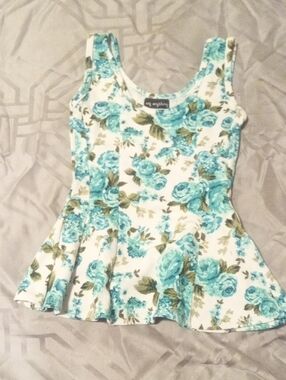 Anything Floral Peplum Tank Top - White with Teal Floral
